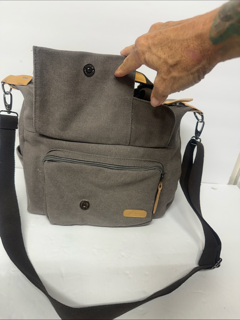 Canvas Messenger Satchel Bag in Gray with Tan Accents - Picture 3 of 8